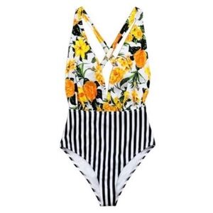 Cupshe Yellow Floral & Black Striped One-Piece Swimsuit Small